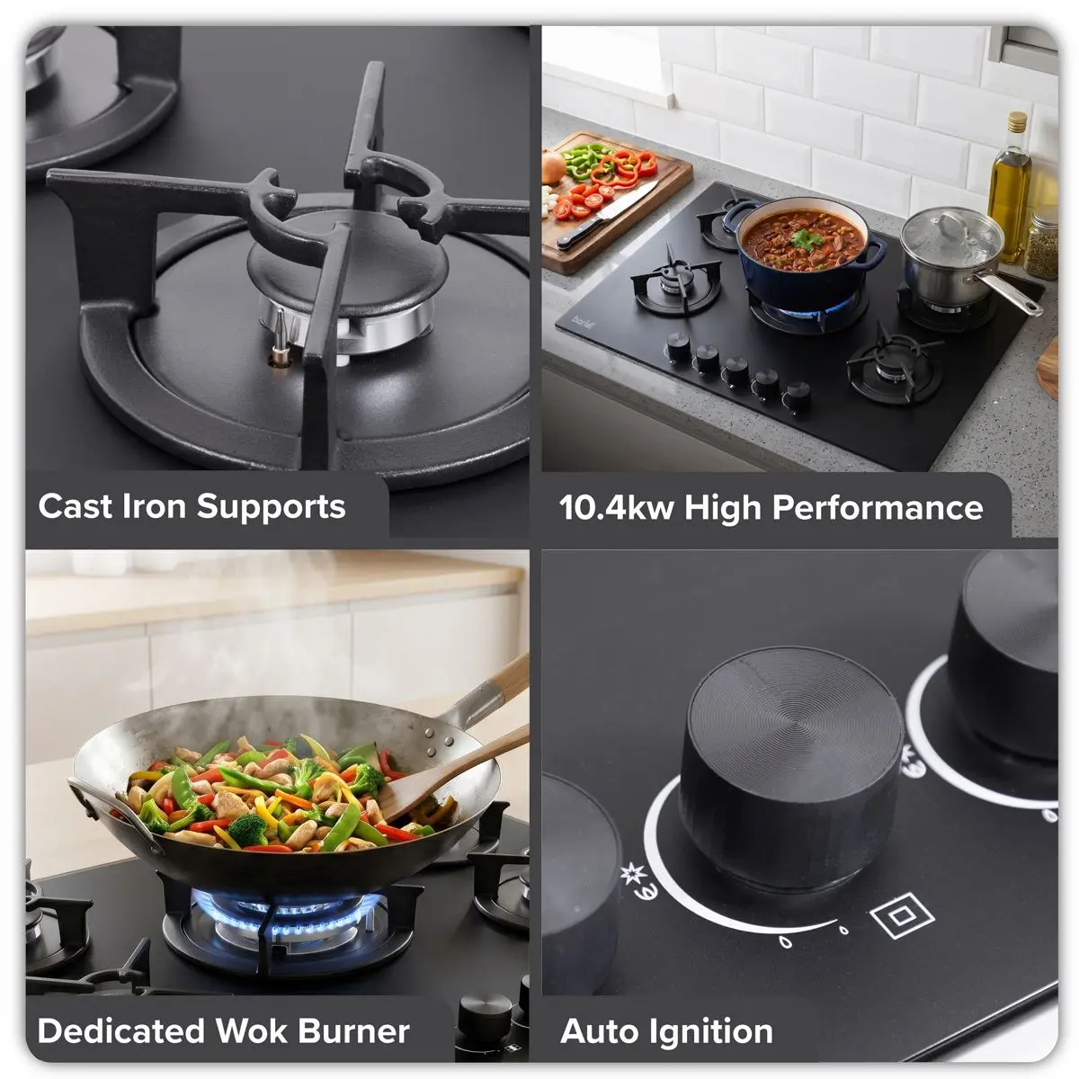 Baridi 70cm Gas Hob Matt Black Glass with 5 Burners, Cast Iron Supports & Auto Ignition 10.4kW - Image 10