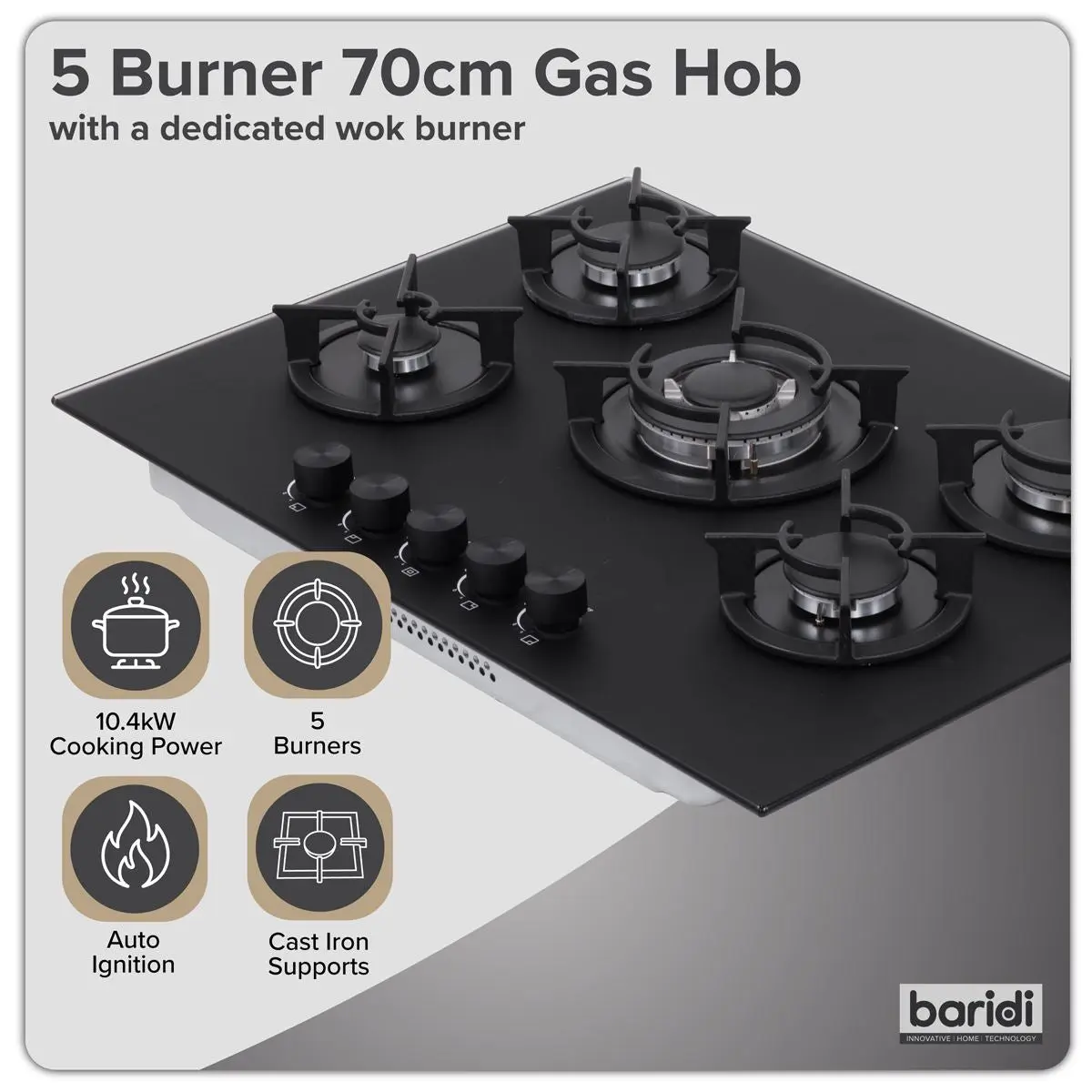 Baridi 70cm Gas Hob Matt Black Glass with 5 Burners, Cast Iron Supports & Auto Ignition 10.4kW - Image 11
