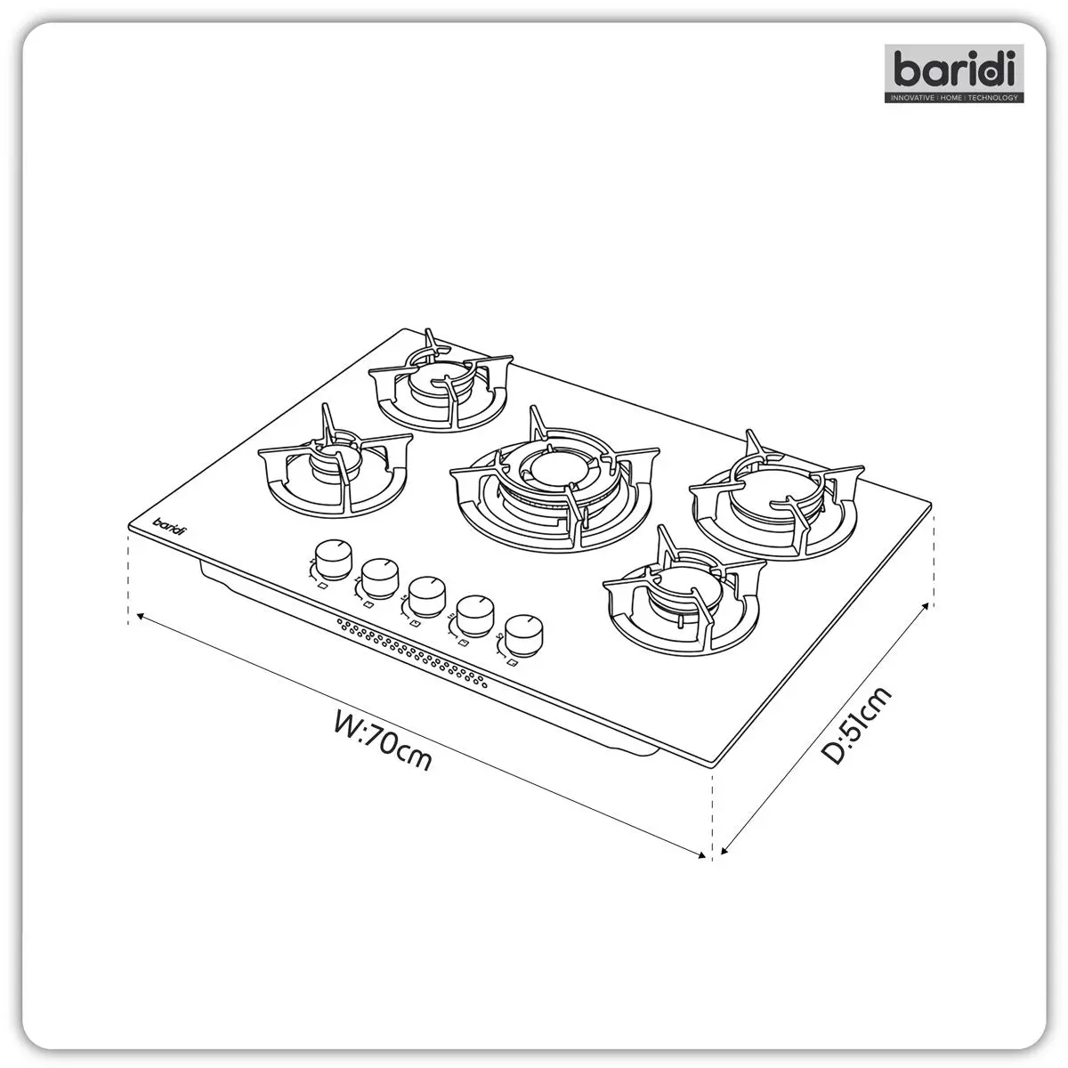 Baridi 70cm Gas Hob Matt Black Glass with 5 Burners, Cast Iron Supports & Auto Ignition 10.4kW - Image 14