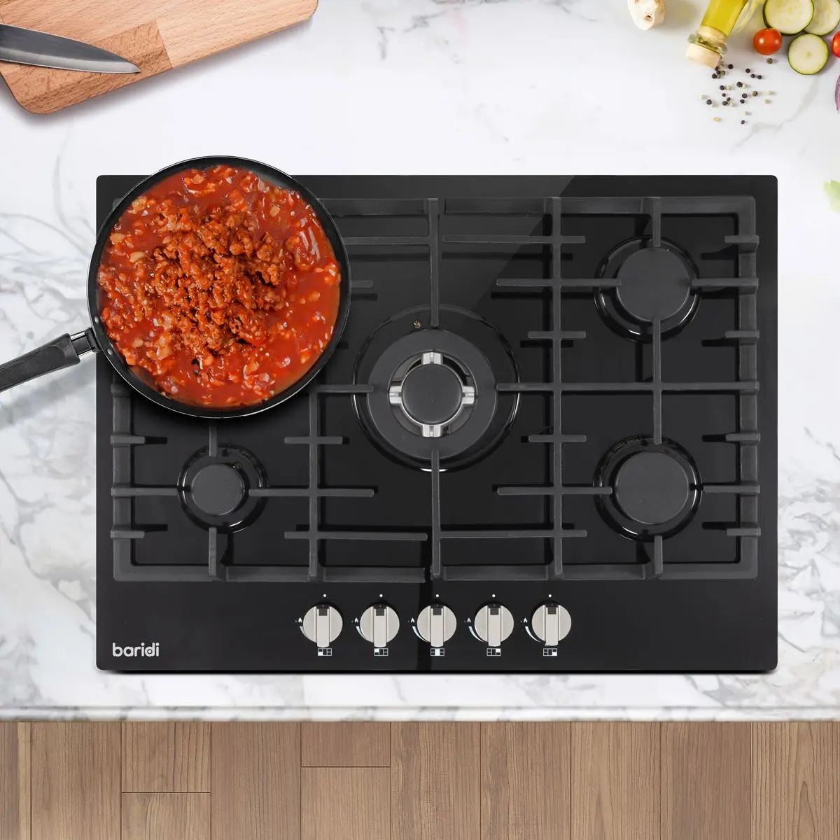 Baridi 70cm Gas on Glass Hob, 5 Burner and Cast Iron Pan Supports, Black Glass - Image 11