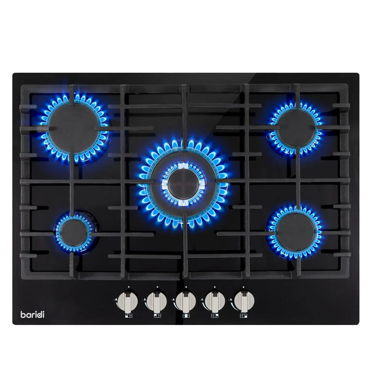 Baridi 70cm Gas on Glass Hob, 5 Burner and Cast Iron Pan Supports, Black Glass - Image 5