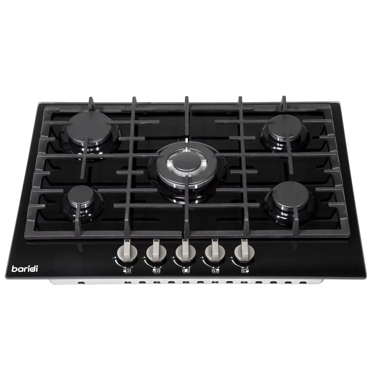 Baridi 70cm Gas on Glass Hob, 5 Burner and Cast Iron Pan Supports, Black Glass - Image 6