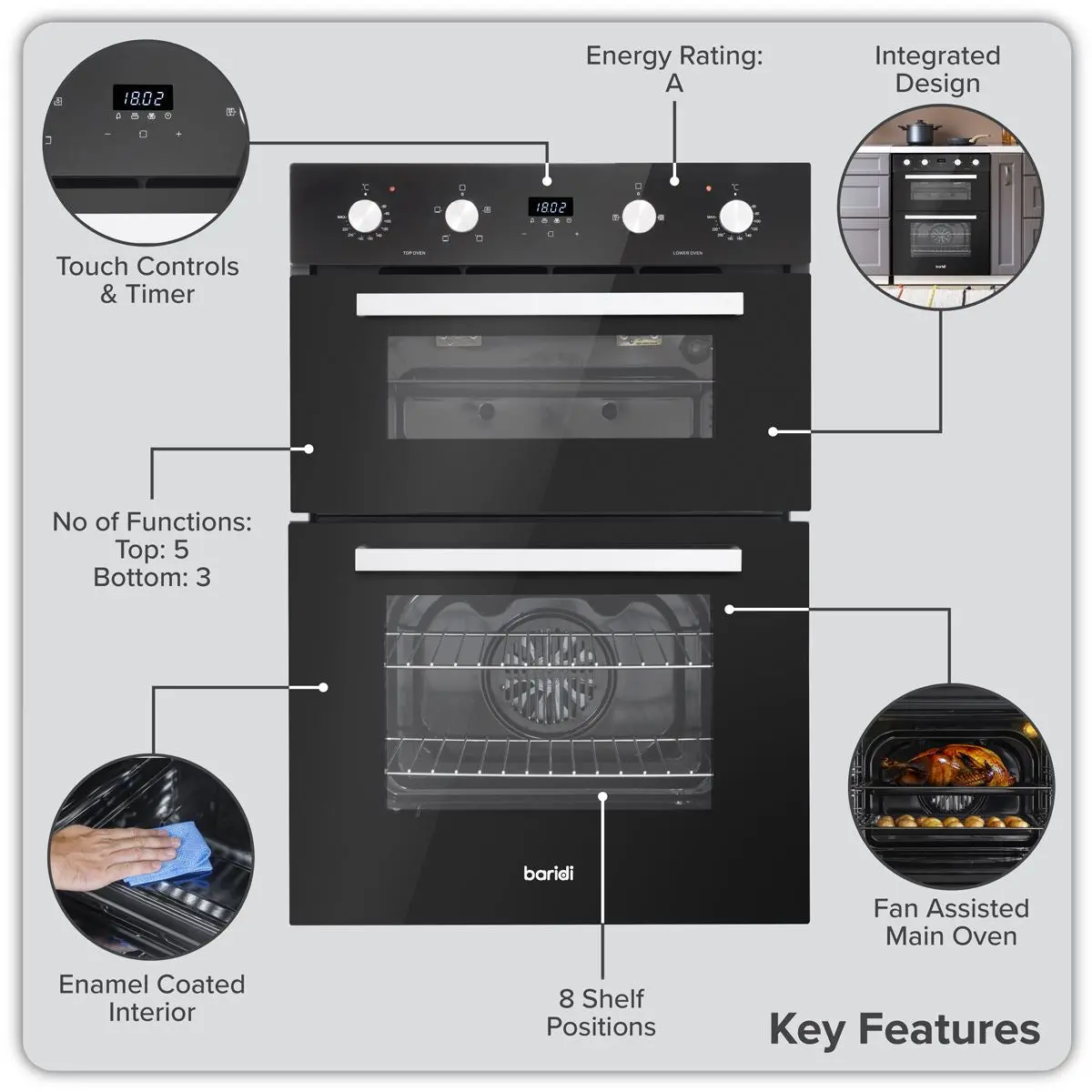 Baridi 72cm Built-Under Double Oven, 74L Capacity, Energy Rating A - Black - Image 10