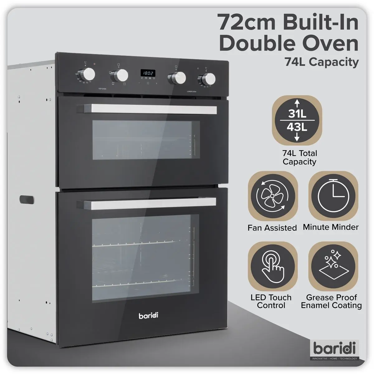 Baridi 72cm Built-Under Double Oven, 74L Capacity, Energy Rating A - Black - Image 11
