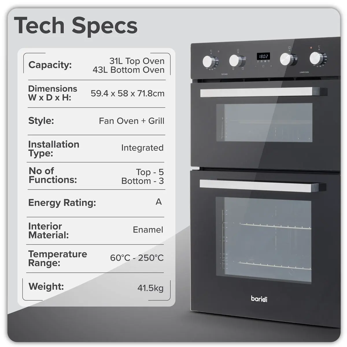 Baridi 72cm Built-Under Double Oven, 74L Capacity, Energy Rating A - Black - Image 14