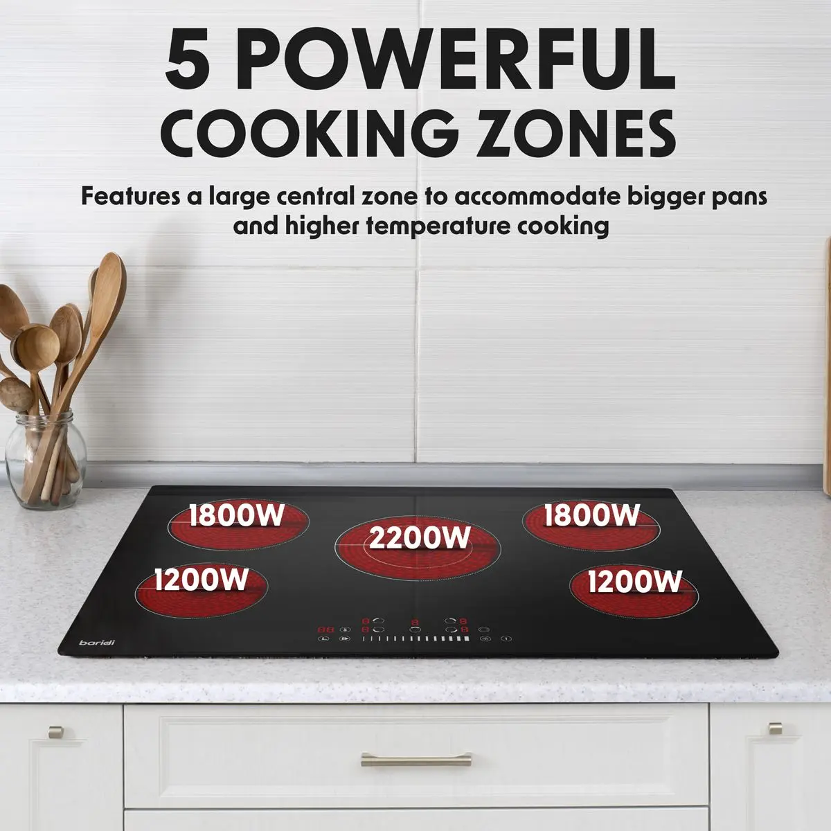 Baridi 77cm Built-In Ceramic Hob with 5 Cooking Zones, Black Glass, 8200W with Slider Touch Controls, Timer - Image 12