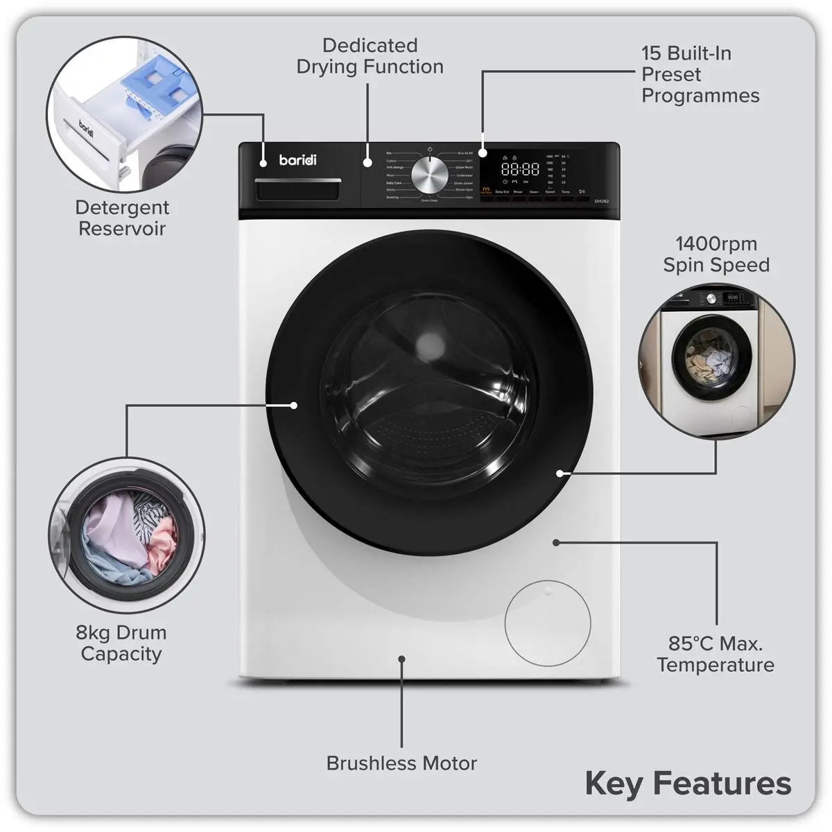 Baridi 8/5kg Washer Dryer, Front Loading, 1400rpm Energy Rating A – White - Image 6