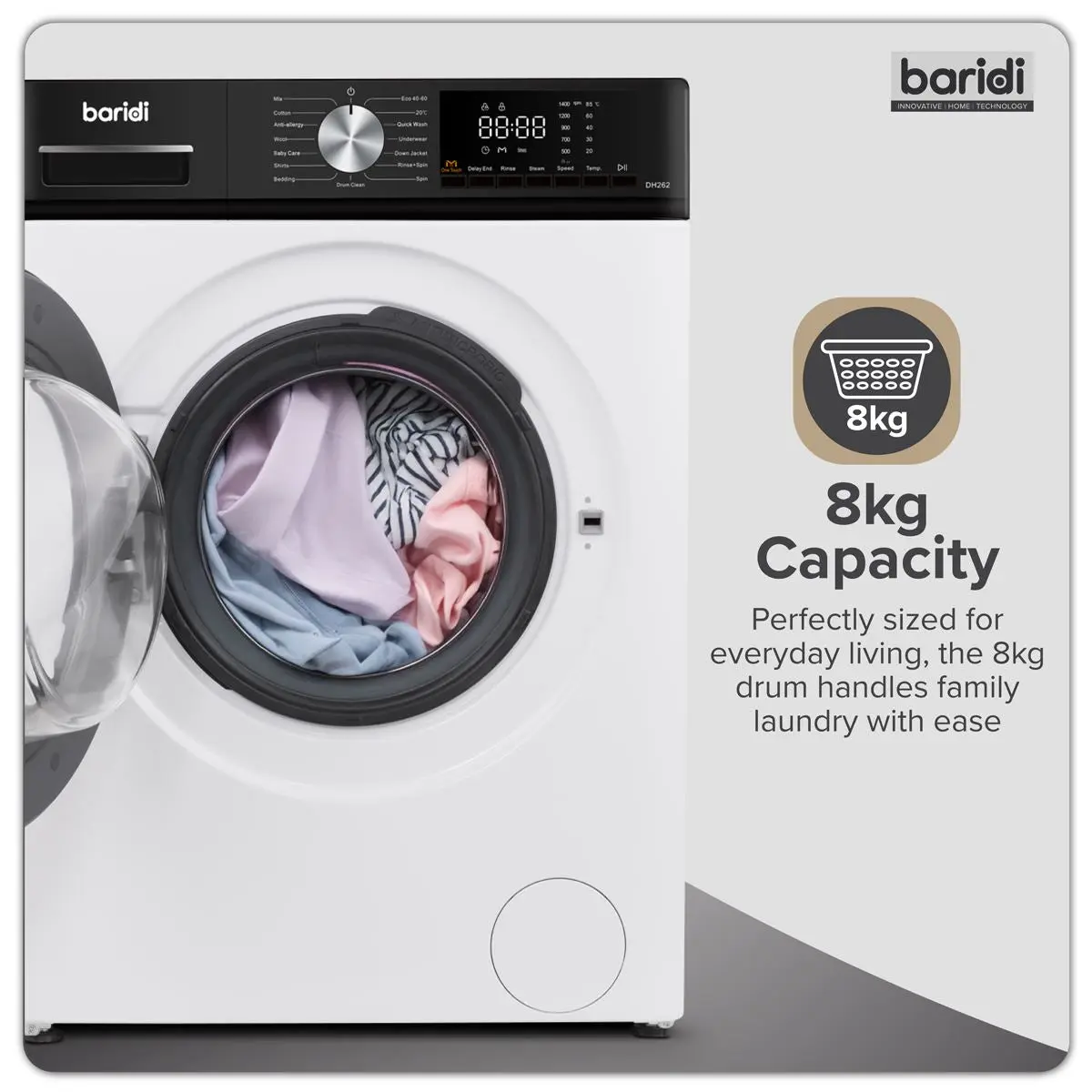 Baridi 8kg Washing Machine, Front Loading, 1400rpm Energy Rating A – White - Image 5