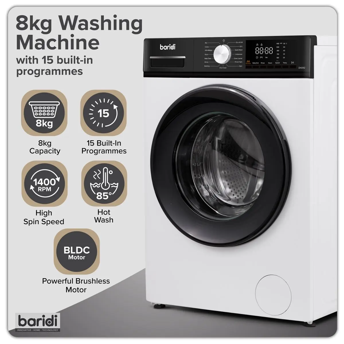 Baridi 8kg Washing Machine, Front Loading, 1400rpm Energy Rating A – White - Image 6