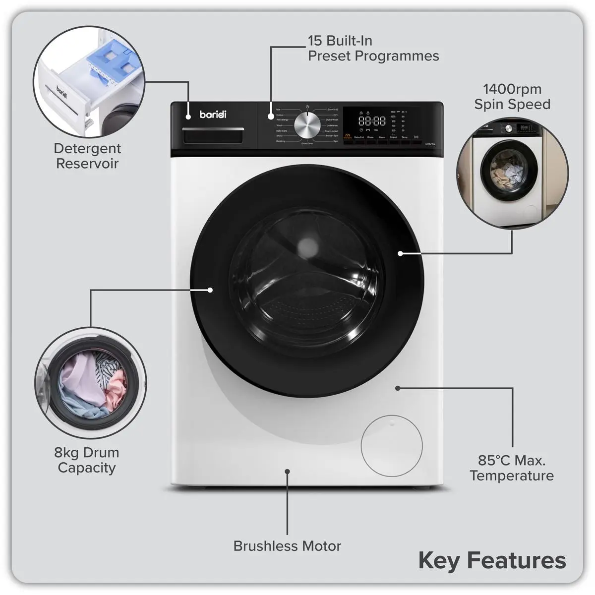 Baridi 8kg Washing Machine, Front Loading, 1400rpm Energy Rating A – White - Image 7