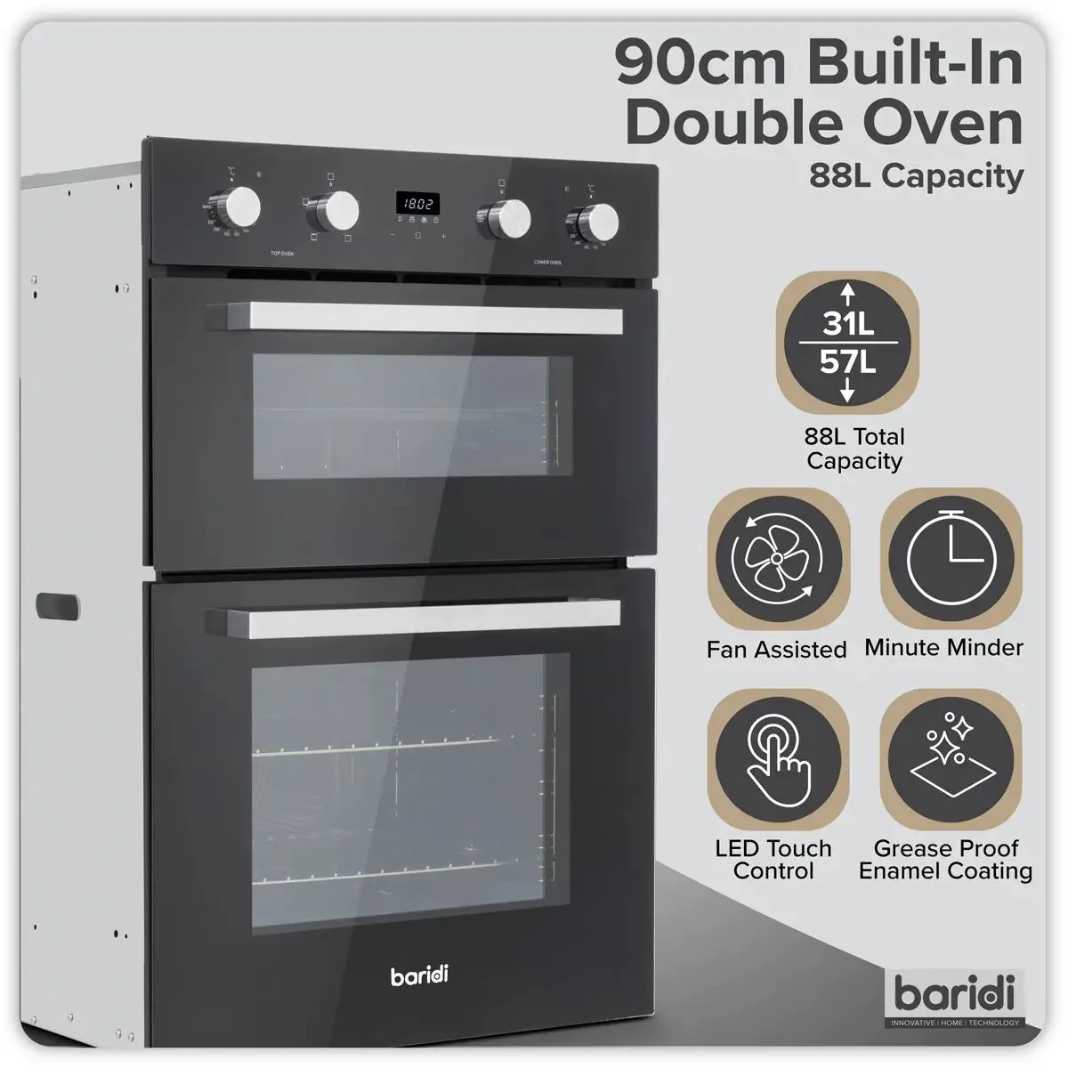 Baridi 90cm Built-In Double Oven, 88L Capacity, Energy Rating A - Black - Image 16