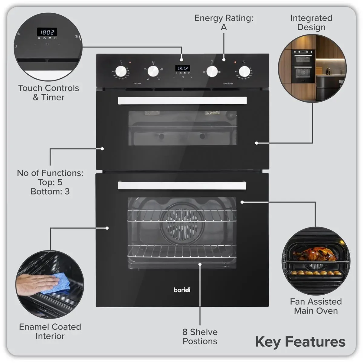 Baridi 90cm Built-In Double Oven, 88L Capacity, Energy Rating A - Black - Image 19