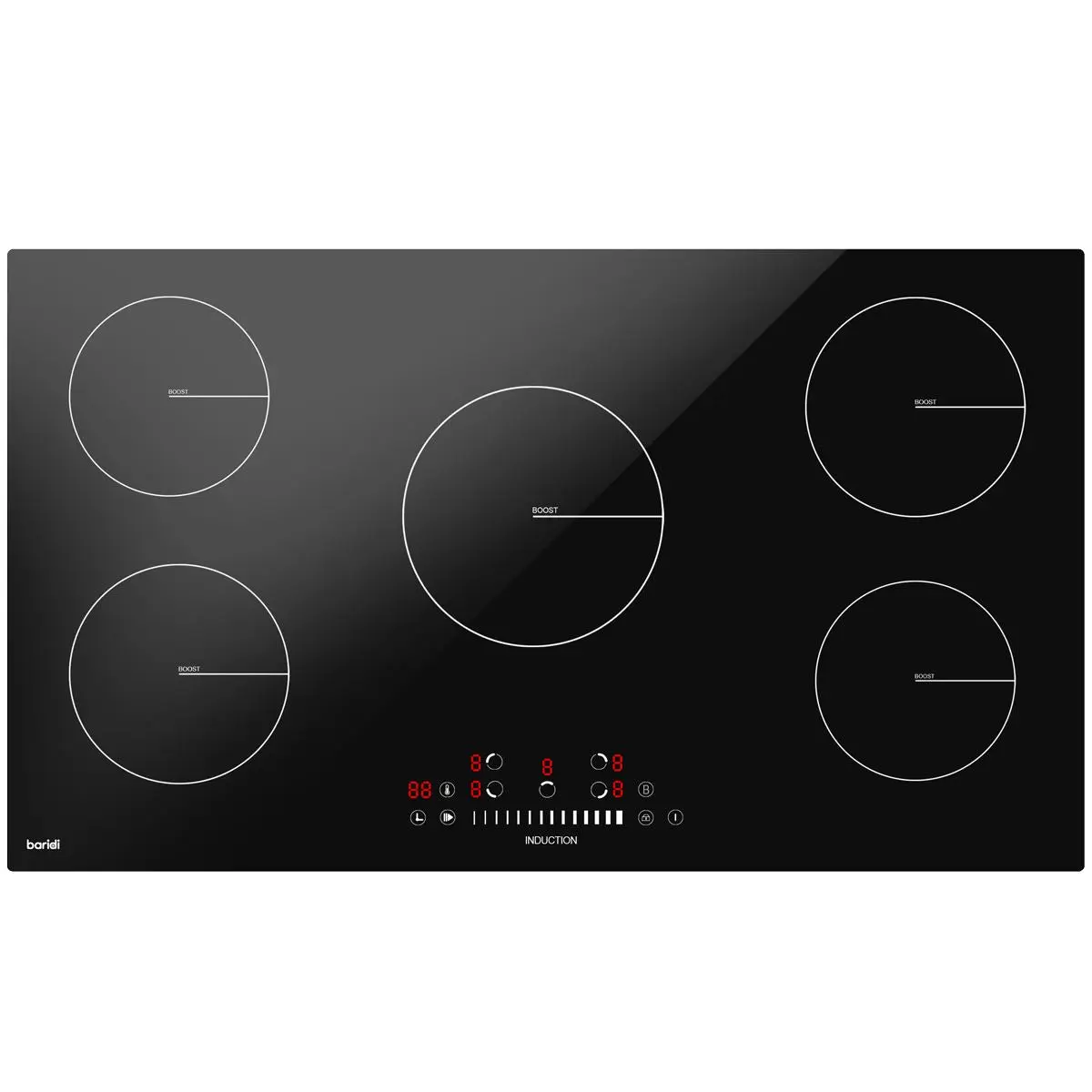 Baridi 90cm Built-In Induction Hob with 5 Cooking Zones, 9300W, Boost Function, 9 Power Levels, Slider Touch Control, Hardwired