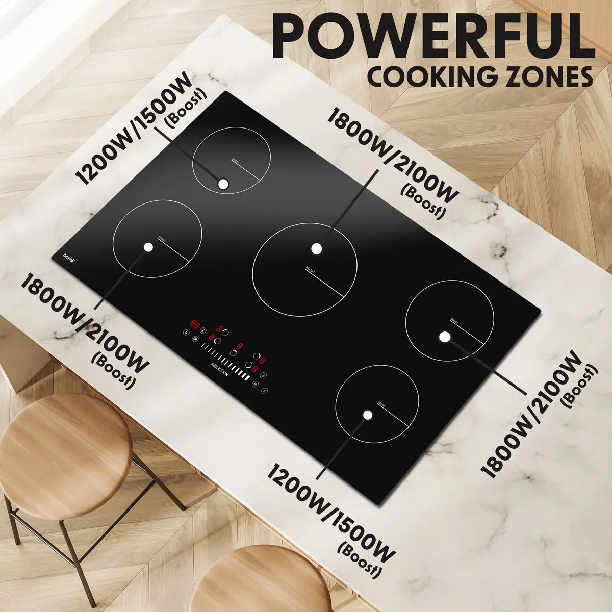 Baridi 90cm Built-In Induction Hob with 5 Cooking Zones, 9300W, Boost Function, 9 Power Levels, Slider Touch Control, Hardwired - Image 7