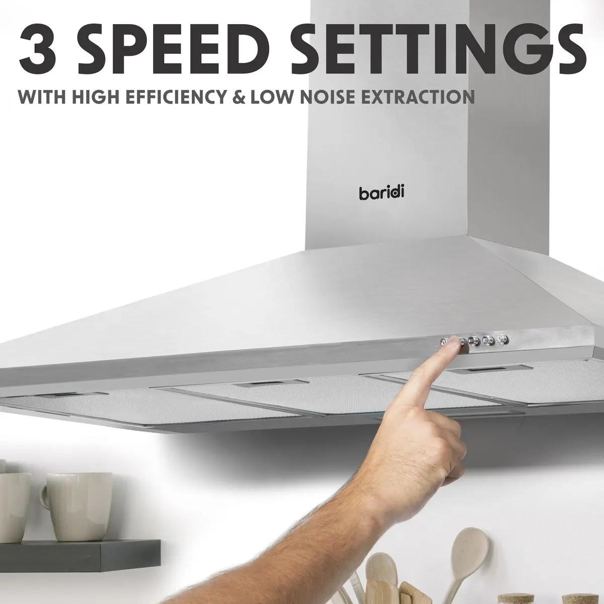 Baridi 90cm Chimney Style Cooker Hood with Carbon Filters, Stainless Steel - Image 10