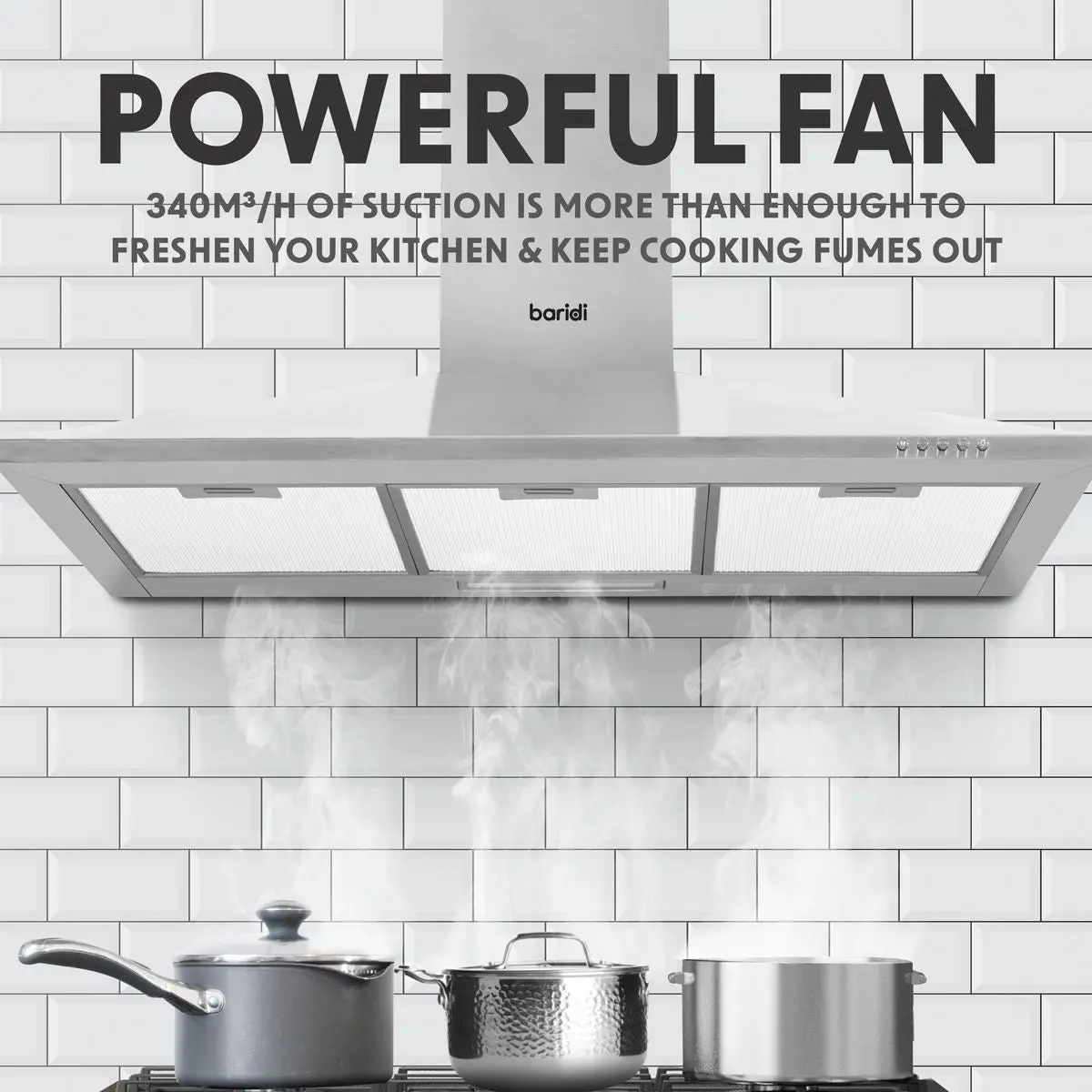 Baridi 90cm Chimney Style Cooker Hood with Carbon Filters, Stainless Steel - Image 3