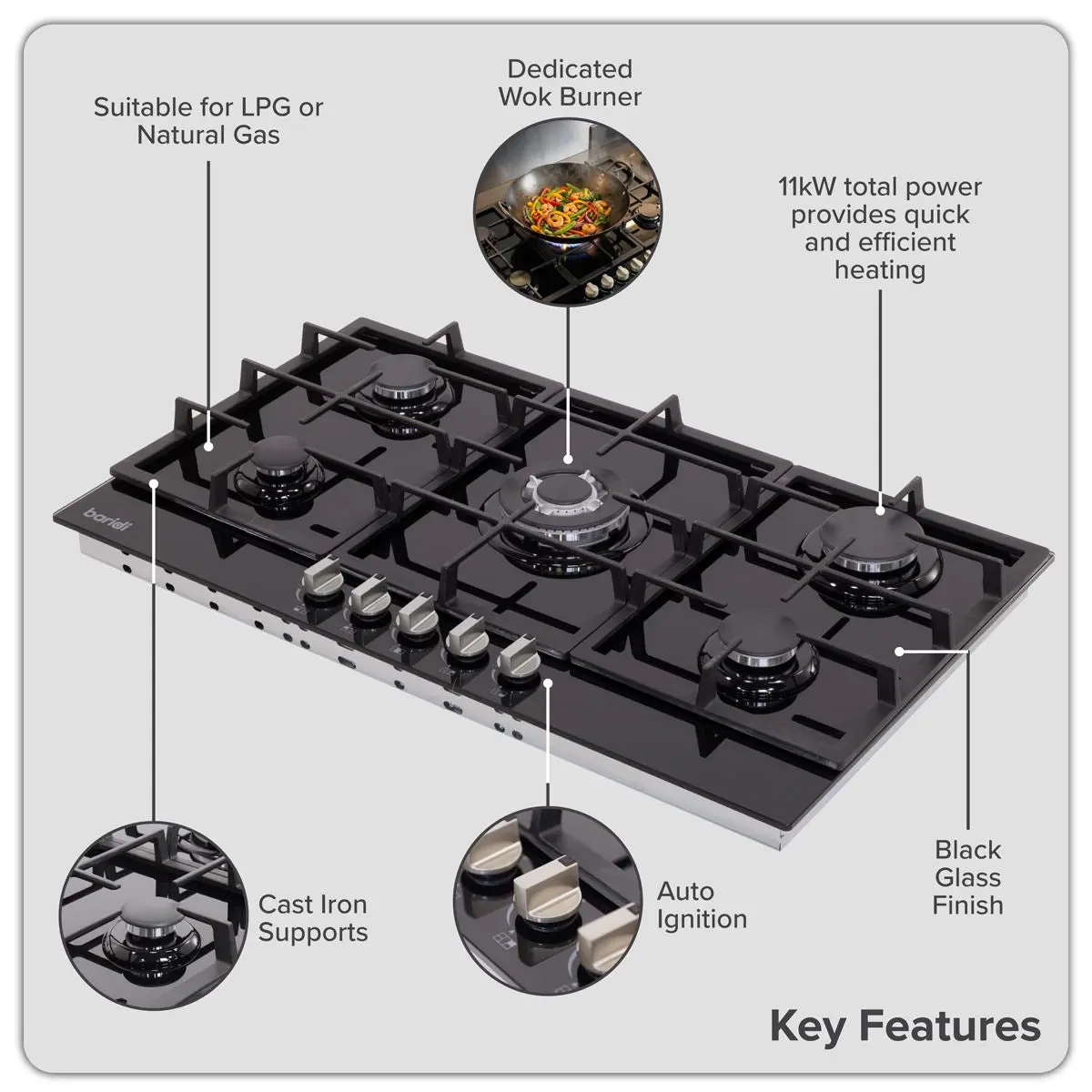 Baridi 90cm Gas Hob Glass with 5 Burners, Cast Iron Supports & Auto Ignition 11kW - Image 11