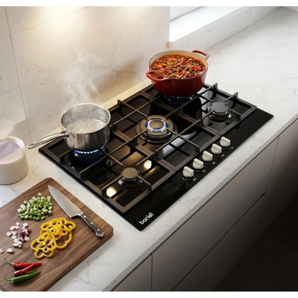 Baridi 90cm Gas Hob Glass with 5 Burners, Cast Iron Supports & Auto Ignition 11kW - Image 2