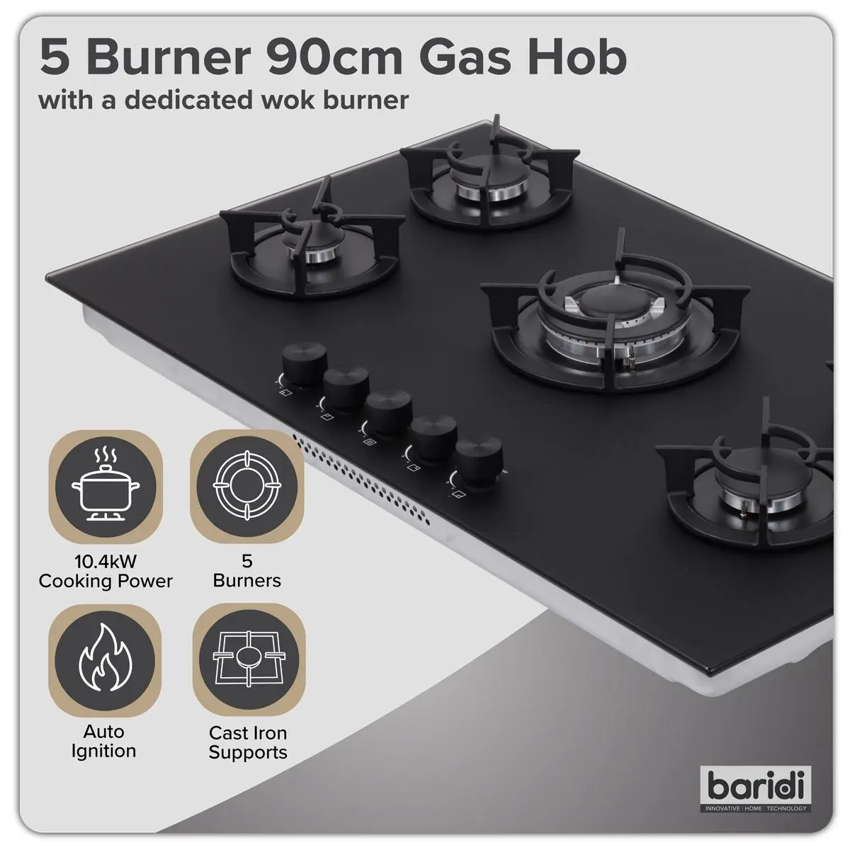 Baridi 90cm Gas Hob Matt Black Glass 5 Burners Cast Iron Supports & Auto Ignition 10.4kW - Image 13