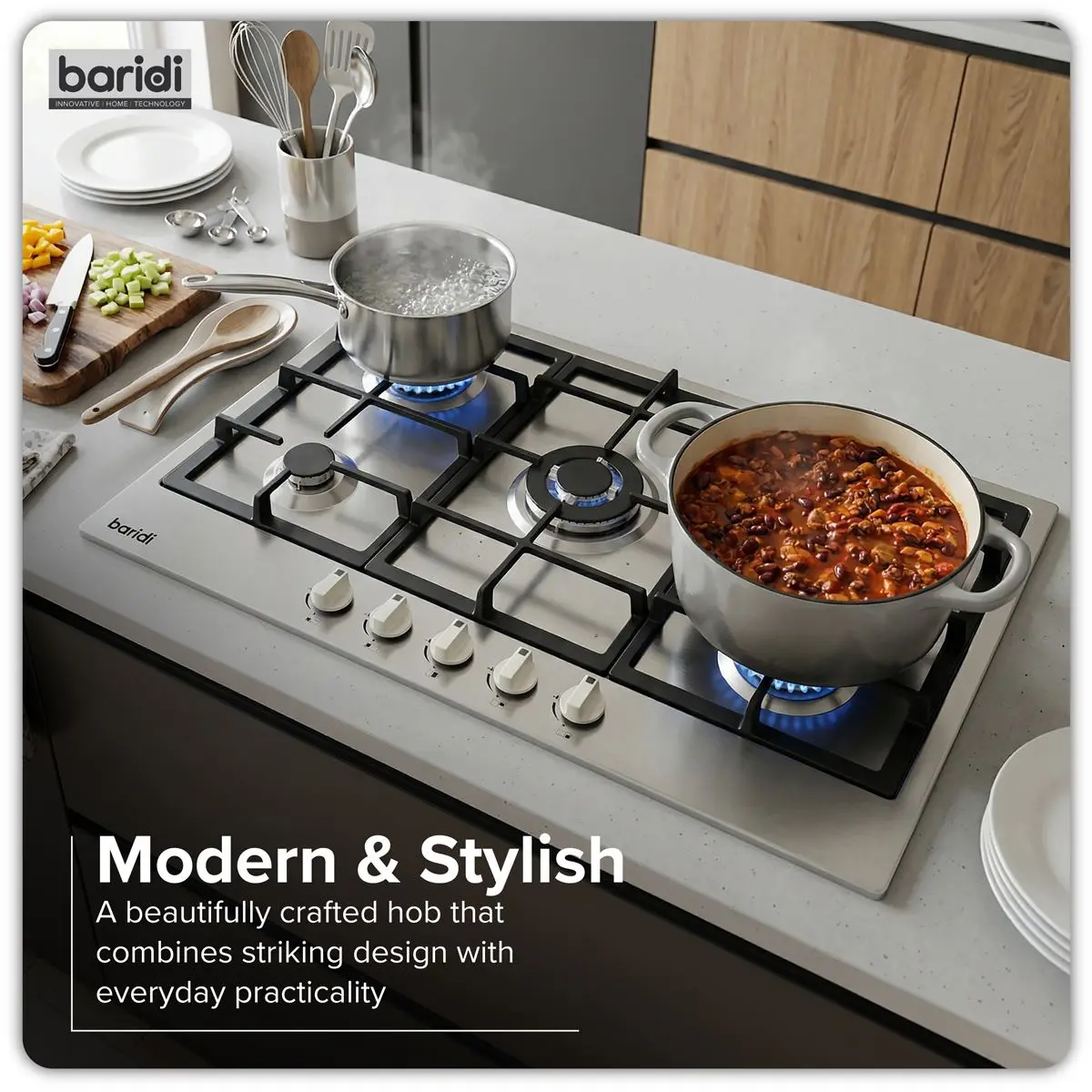 Baridi 90cm Gas Hob Stainless Steel with 5 Burners, Cast Iron Supports & Auto Ignition 11kW - Image 10