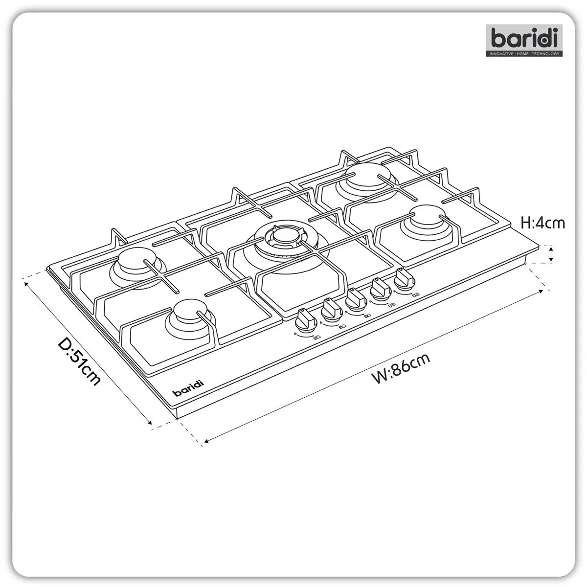 Baridi 90cm Gas Hob Stainless Steel with 5 Burners, Cast Iron Supports & Auto Ignition 11kW - Image 4