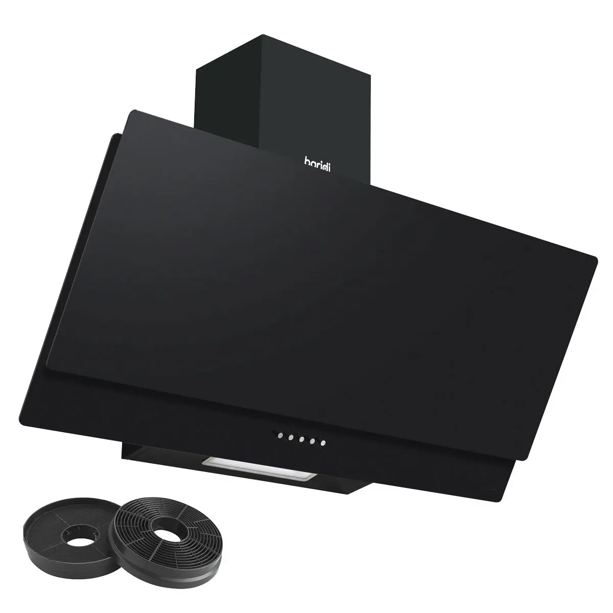 Baridi Angled Chimney Cooker Hood with Carbon Filters & LED Lamp 90cm, Energy Class A - Black Glass