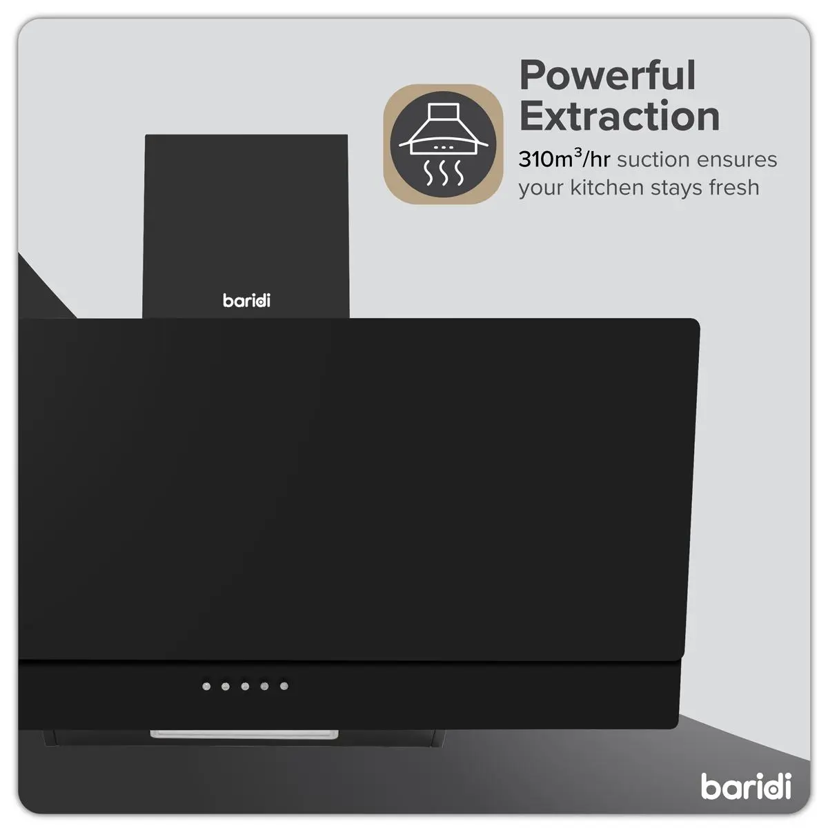 Baridi Angled Chimney Cooker Hood with Carbon Filters & LED Lamp 90cm, Energy Class A - Black Glass - Image 12
