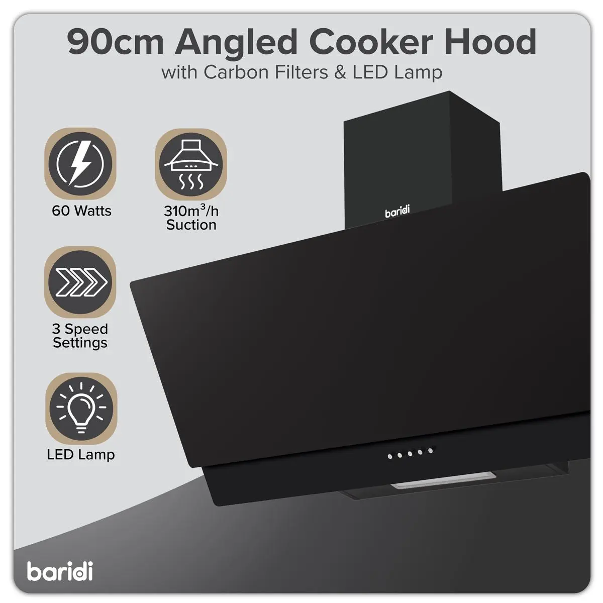 Baridi Angled Chimney Cooker Hood with Carbon Filters & LED Lamp 90cm, Energy Class A - Black Glass - Image 14