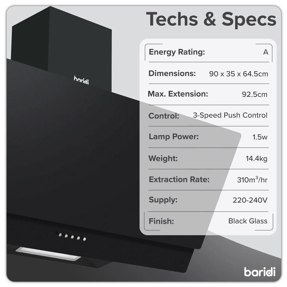 Baridi Angled Chimney Cooker Hood with Carbon Filters & LED Lamp 90cm, Energy Class A - Black Glass - Image 15