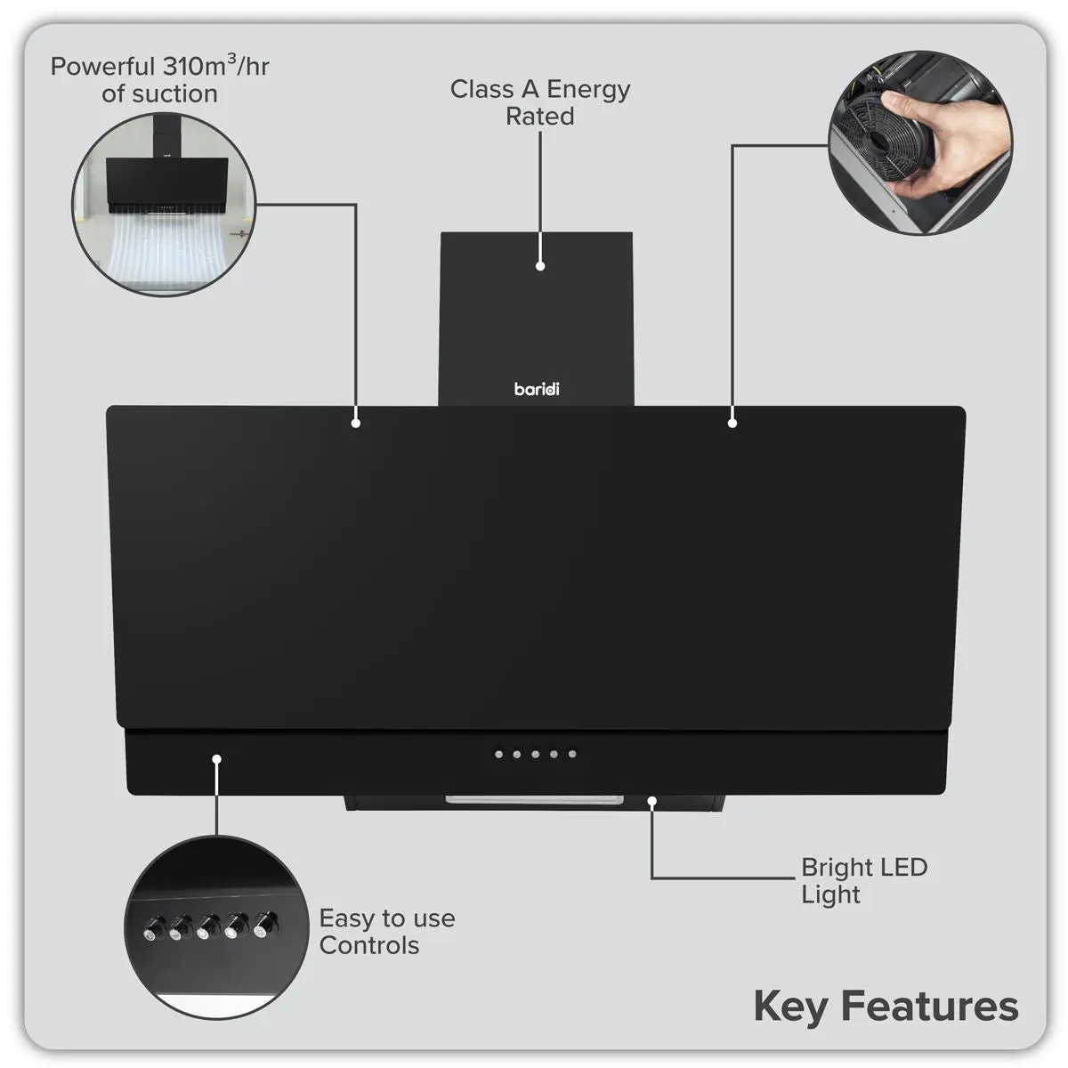 Baridi Angled Chimney Cooker Hood with Carbon Filters & LED Lamp 90cm, Energy Class A - Black Glass - Image 16