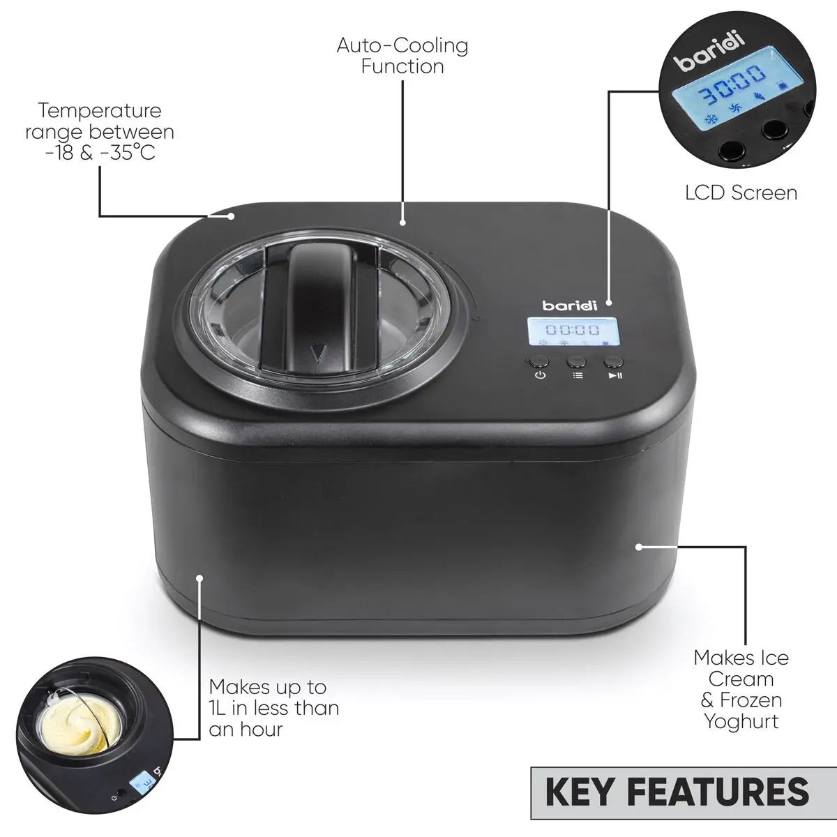 Baridi Automatic Churning Ice Cream Machine 1L - Black - Image 3