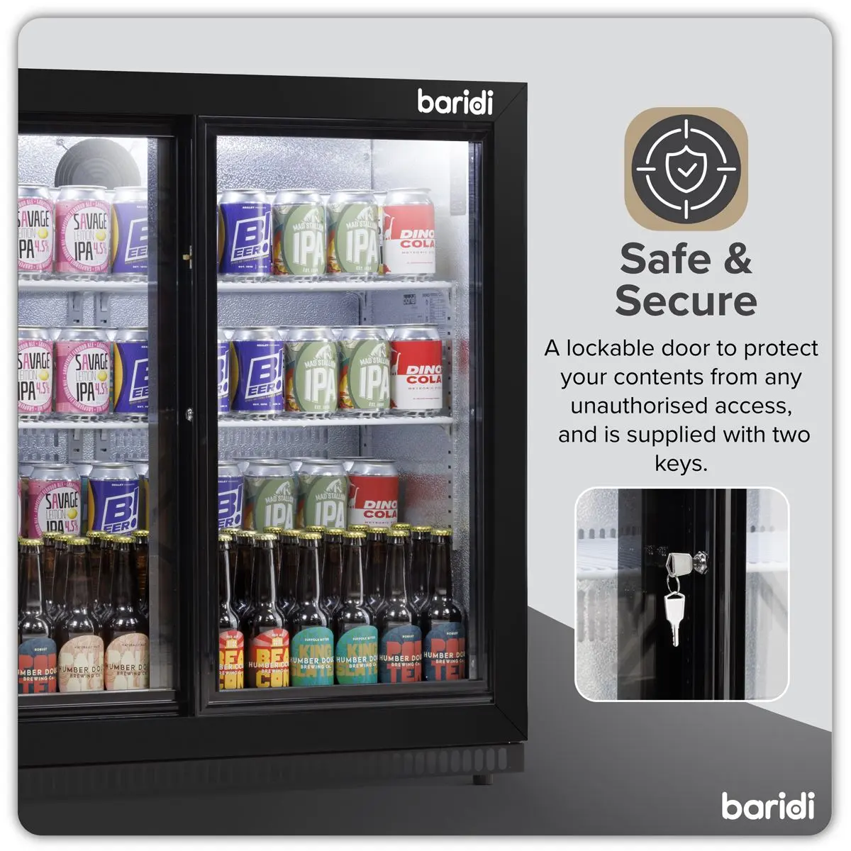 Baridi Back Bar Drinks Fridge/Cooler with Double Sliding Doors, 190L Capacity - Image 13