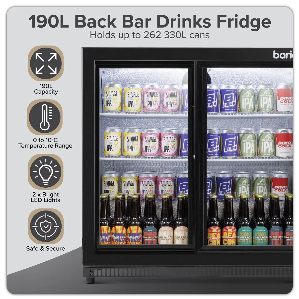 Baridi Back Bar Drinks Fridge/Cooler with Double Sliding Doors, 190L Capacity - Image 15
