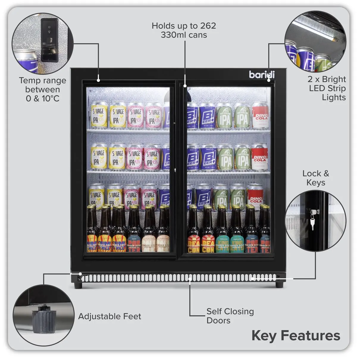 Baridi Back Bar Drinks Fridge/Cooler with Double Sliding Doors, 190L Capacity - Image 16
