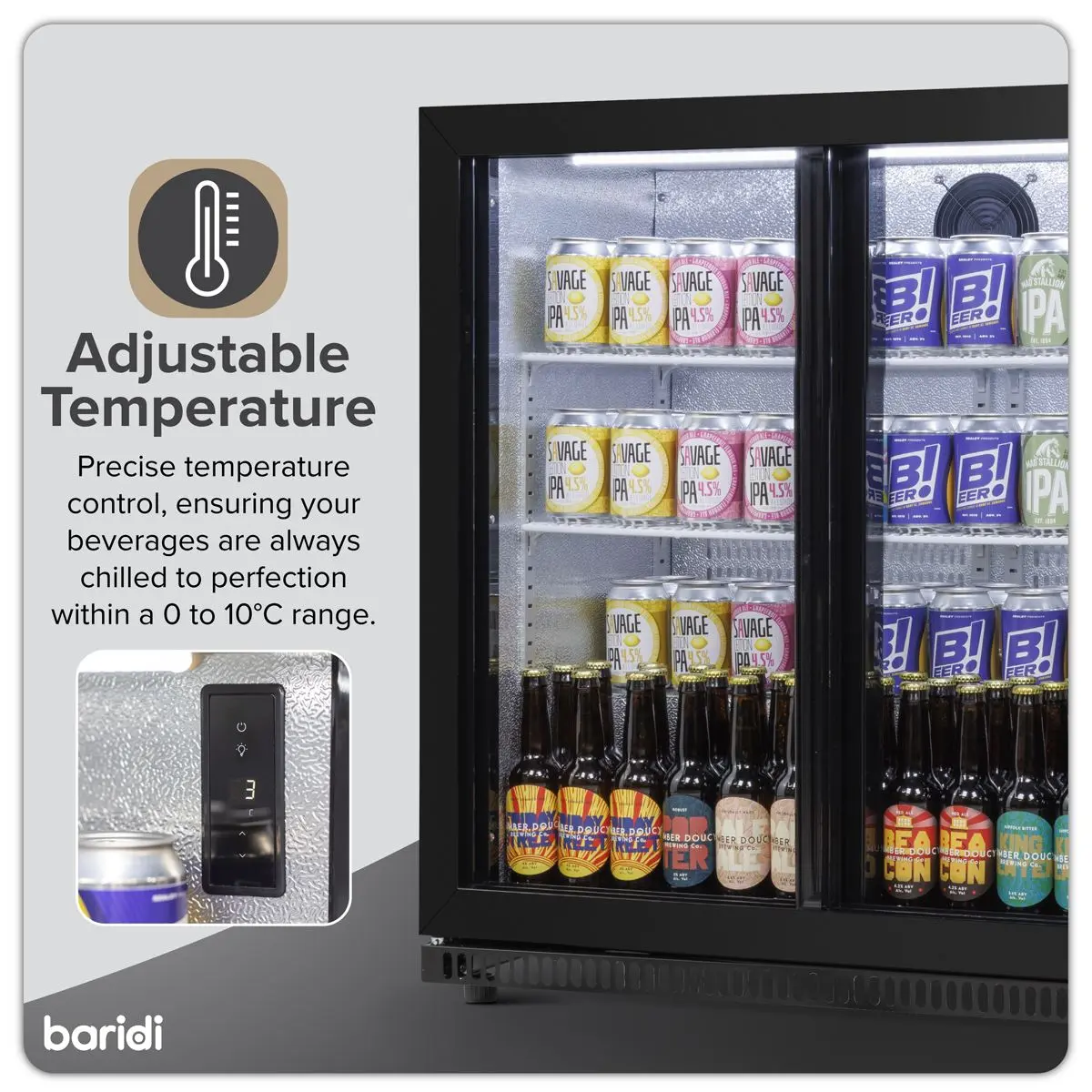 Baridi Back Bar Drinks Fridge/Cooler with Double Sliding Doors, 190L Capacity - Image 3