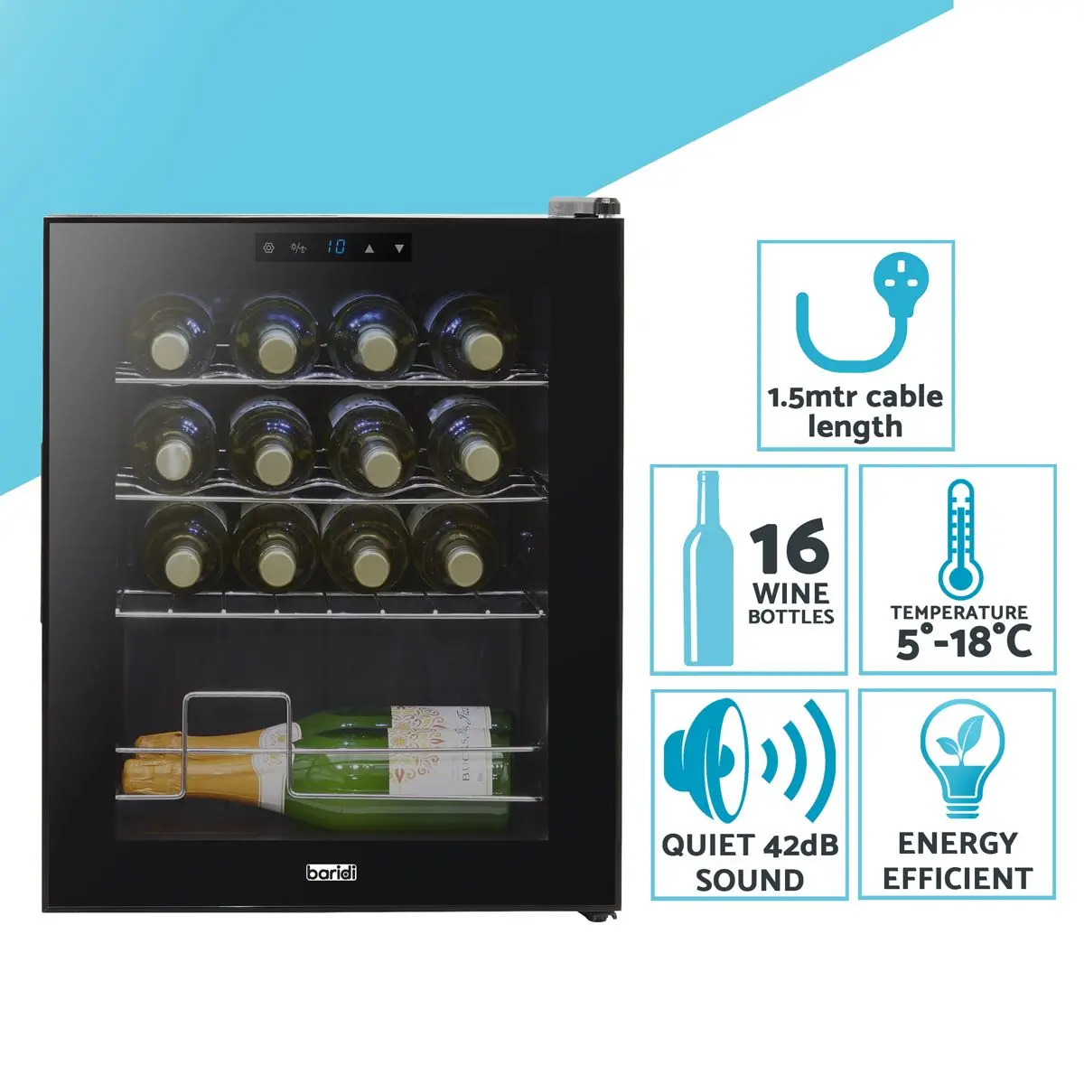 Baridi Black 16 Bottle Wine Fridge Cooler, 5-18°C Touch Controls & LED 430x560mm - Image 12