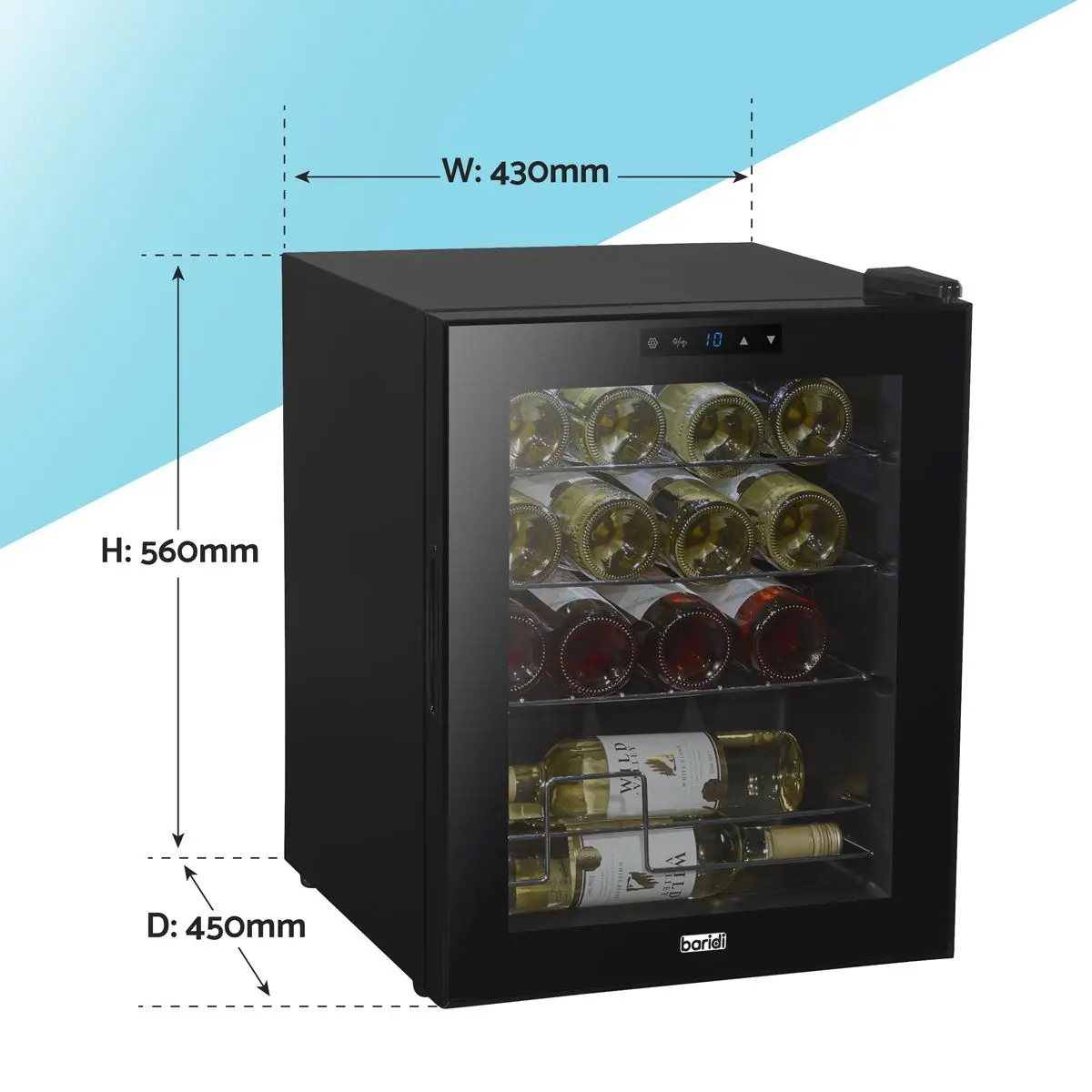 Baridi Black 16 Bottle Wine Fridge Cooler, 5-18°C Touch Controls & LED 430x560mm - Image 20
