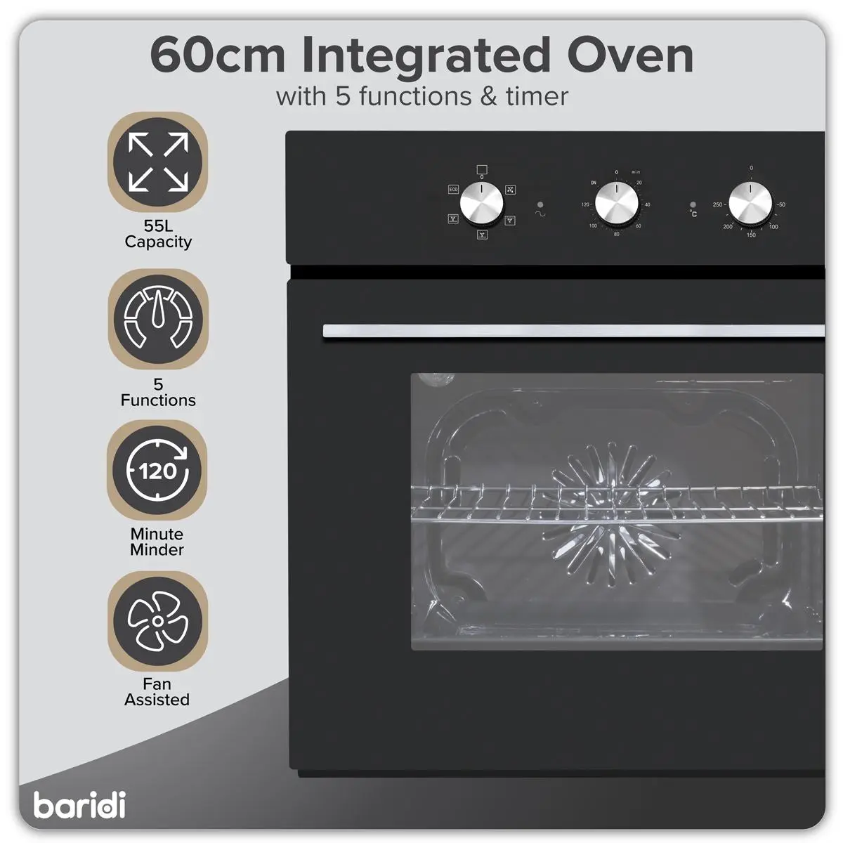 Baridi Built-In 5-Function Fan Assisted Oven with Timer 60cm, 55L Capacity - Black - Image 9