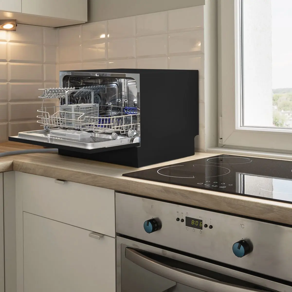 Baridi Compact Tabletop Dishwasher 6 Place Settings, 6 Programmes, Low Noise, 6.5L Cycle, Start Delay - Black - Image 12