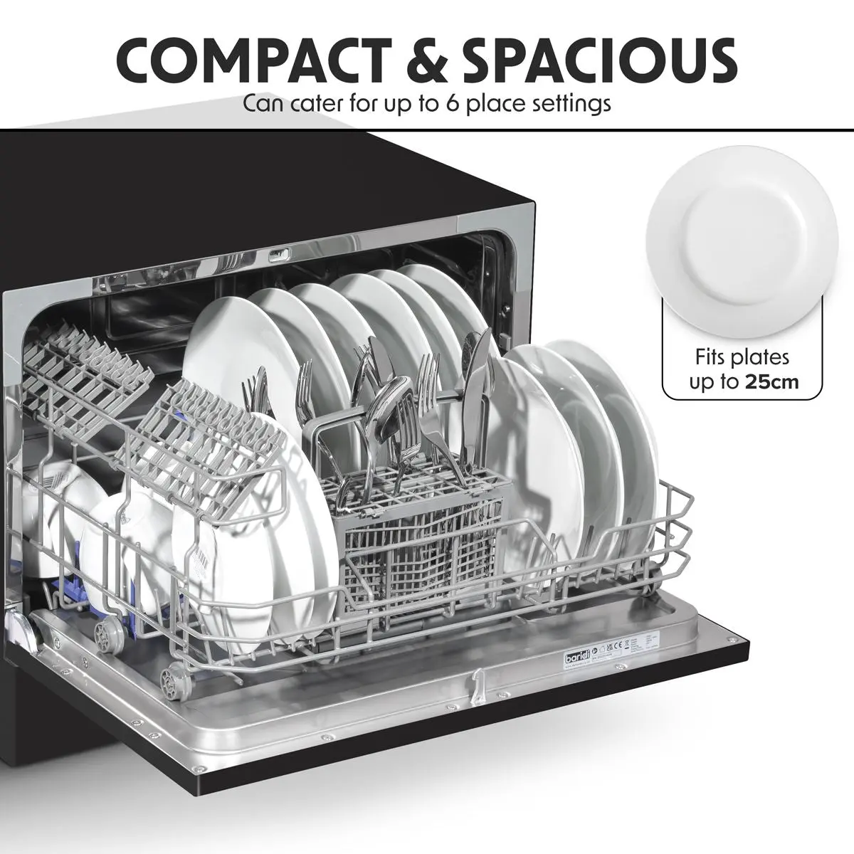 Baridi Compact Tabletop Dishwasher 6 Place Settings, 6 Programmes, Low Noise, 6.5L Cycle, Start Delay - Black - Image 15