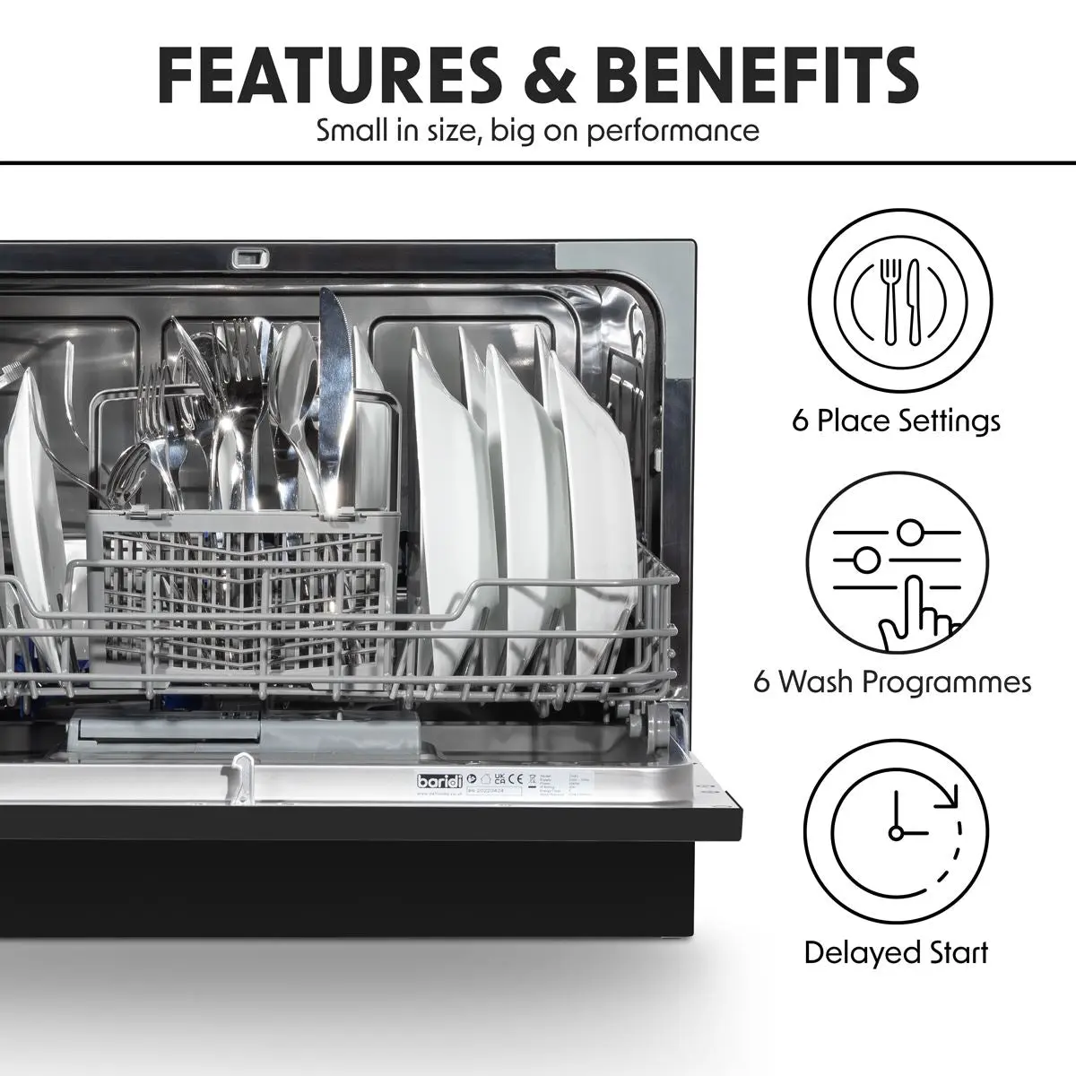 Baridi Compact Tabletop Dishwasher 6 Place Settings, 6 Programmes, Low Noise, 6.5L Cycle, Start Delay - Black - Image 18