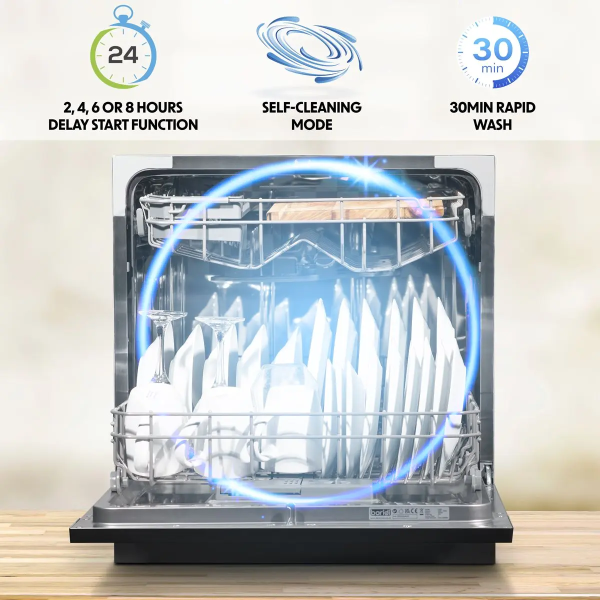 Baridi Compact Tabletop Dishwasher 8 Place Settings, 6 Programmes, Low Noise, 8L Cycle, Start Delay - Black - Image 11