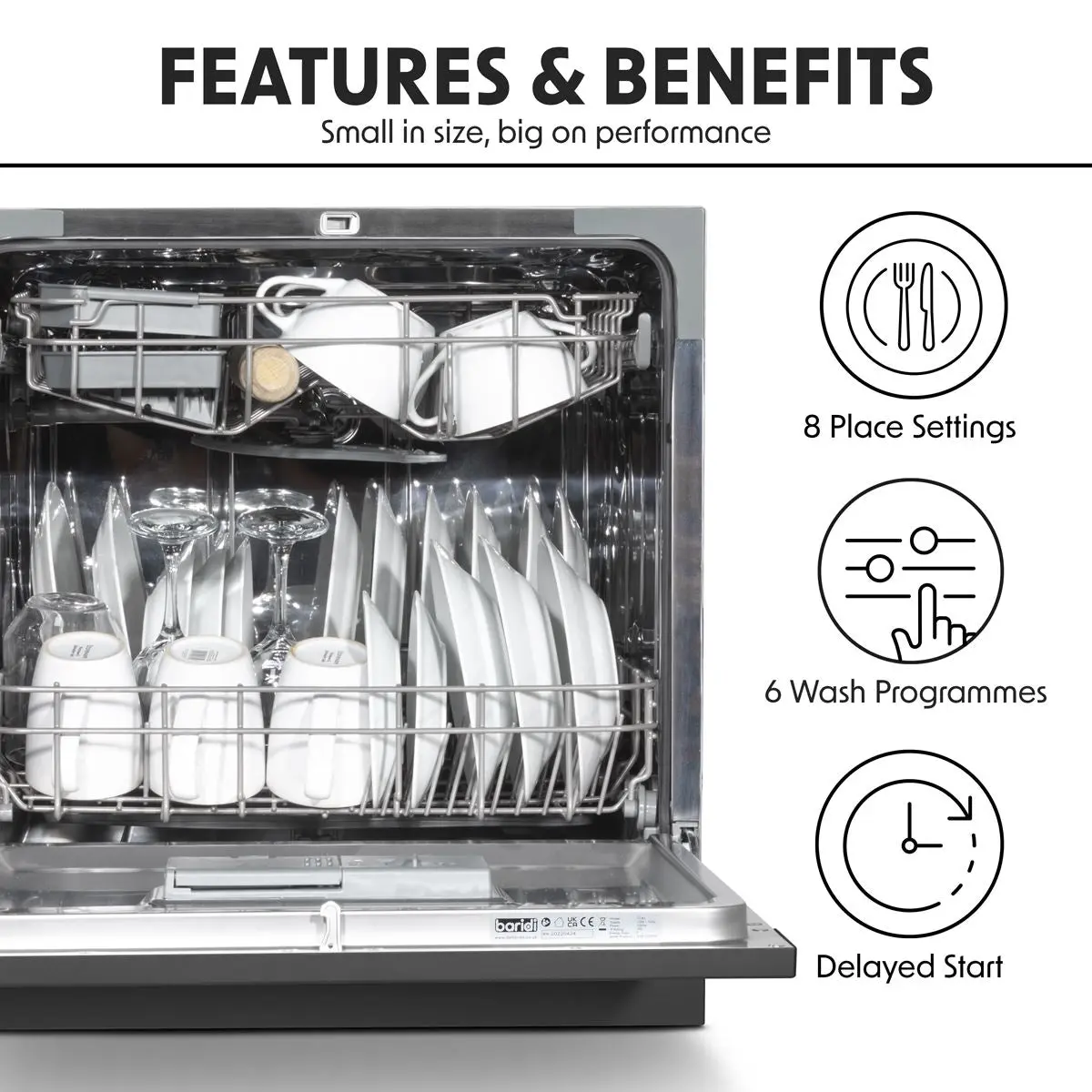 Baridi Compact Tabletop Dishwasher 8 Place Settings, 6 Programmes, Low Noise, 8L Cycle, Start Delay - Black - Image 18