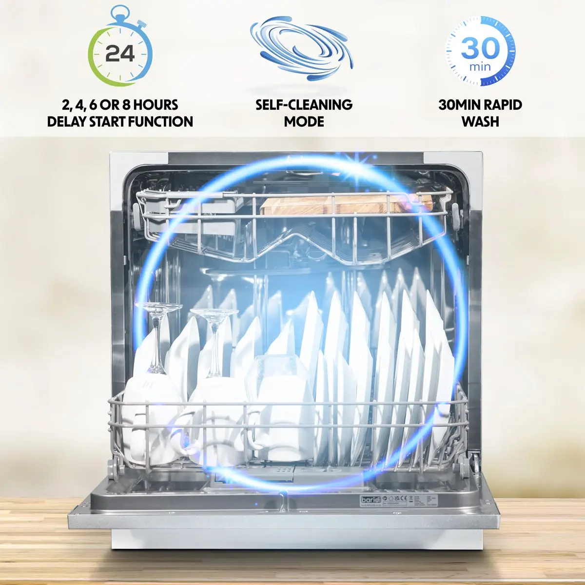 Baridi Compact Tabletop Dishwasher 8 Place Settings, 6 Programmes, Low Noise, 8L Cycle, Start Delay - White - Image 2