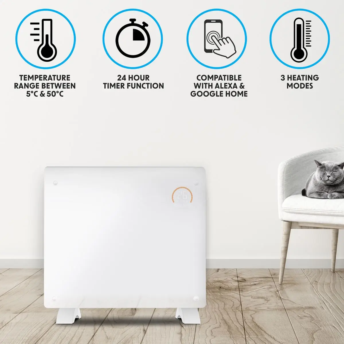 Baridi, Electric Glass Panel Heater, 1000W, Wi-Fi Enabled, White - DH136 - Image 7