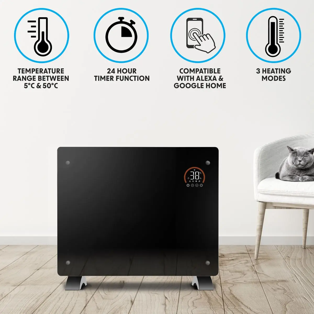Baridi Electric Glass Panel Heater, 1500W, Thermostat Controlled 24Hr 7 Day Timer, Wi-Fi Enabled, Remote Control, Black - DH137 - Image 7