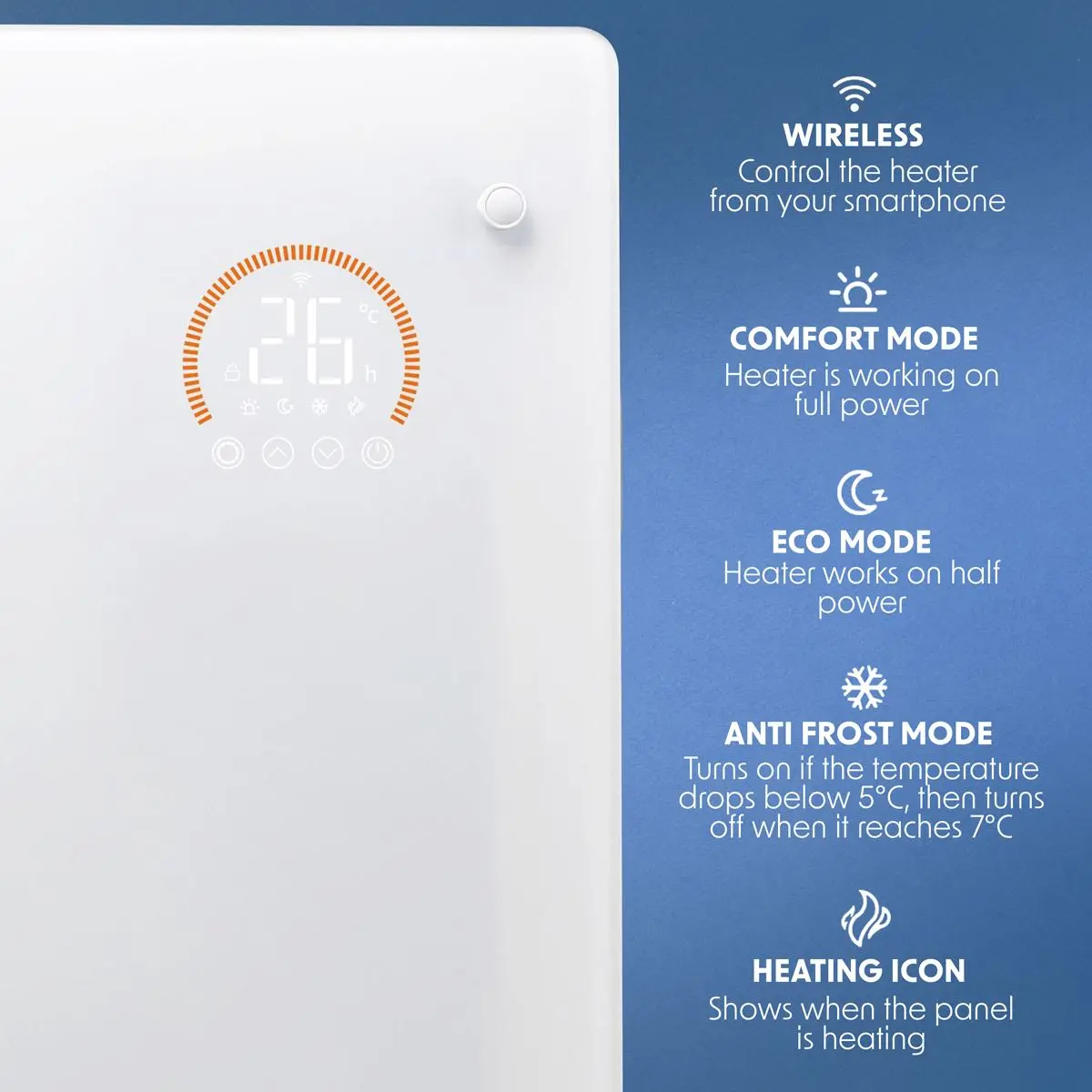 Baridi Electric Glass Panel Heater, 1500W, Thermostat Controlled 24Hr 7 Day Timer, Wi-Fi Enabled, Remote Control, White - Image 2