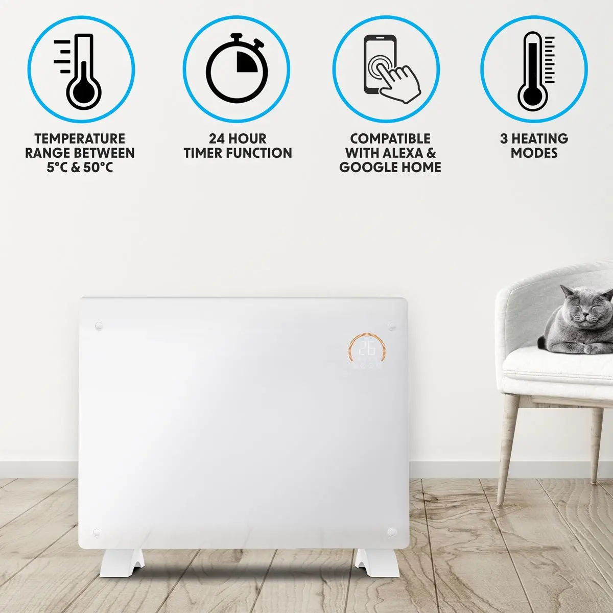 Baridi Electric Glass Panel Heater, 1500W, Thermostat Controlled 24Hr 7 Day Timer, Wi-Fi Enabled, Remote Control, White - Image 6