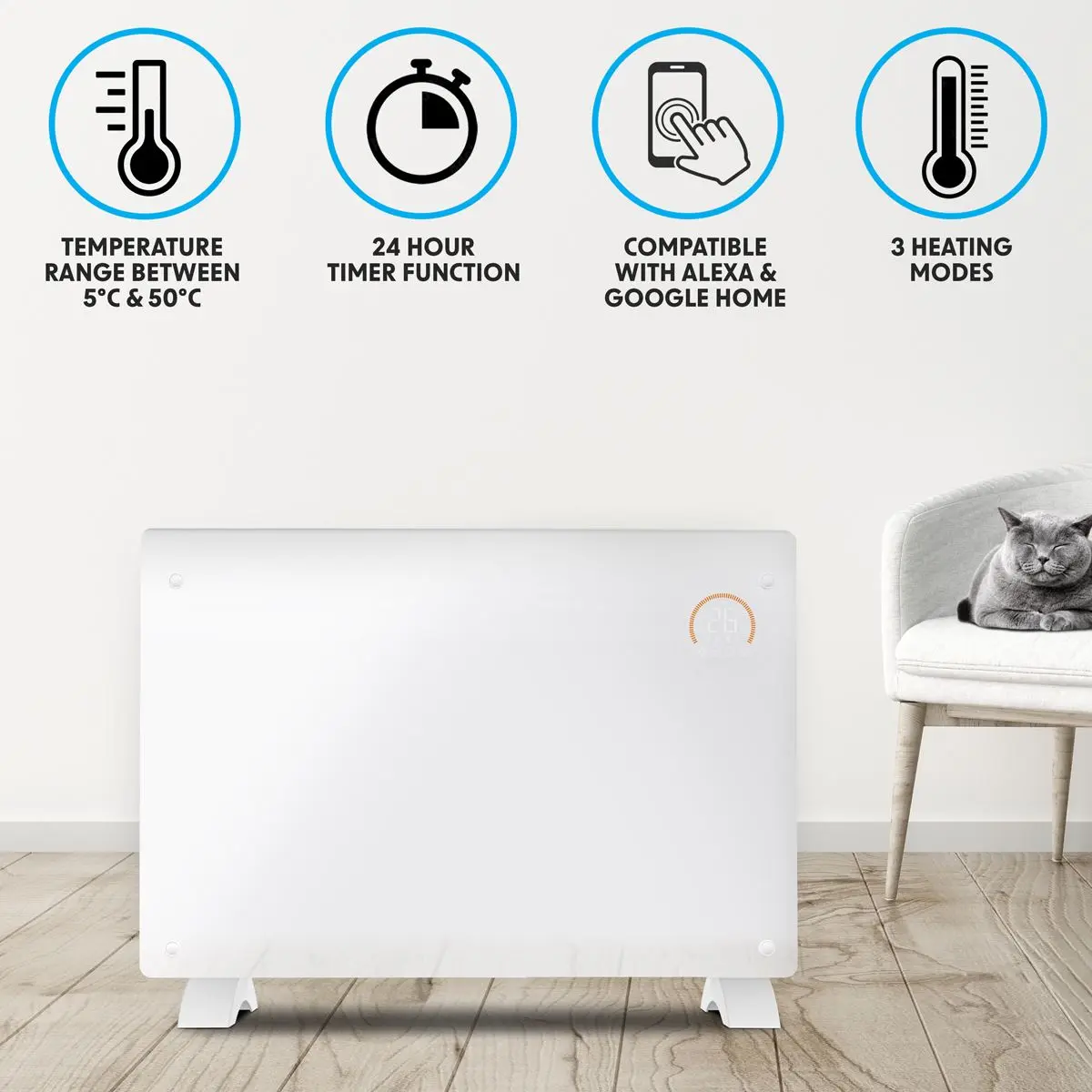 Baridi Electric Glass Panel Heater, 2000W, Thermostat Controlled 24Hr 7 Day Timer, Wi-Fi Enabled, Remote Control, White - Image 5