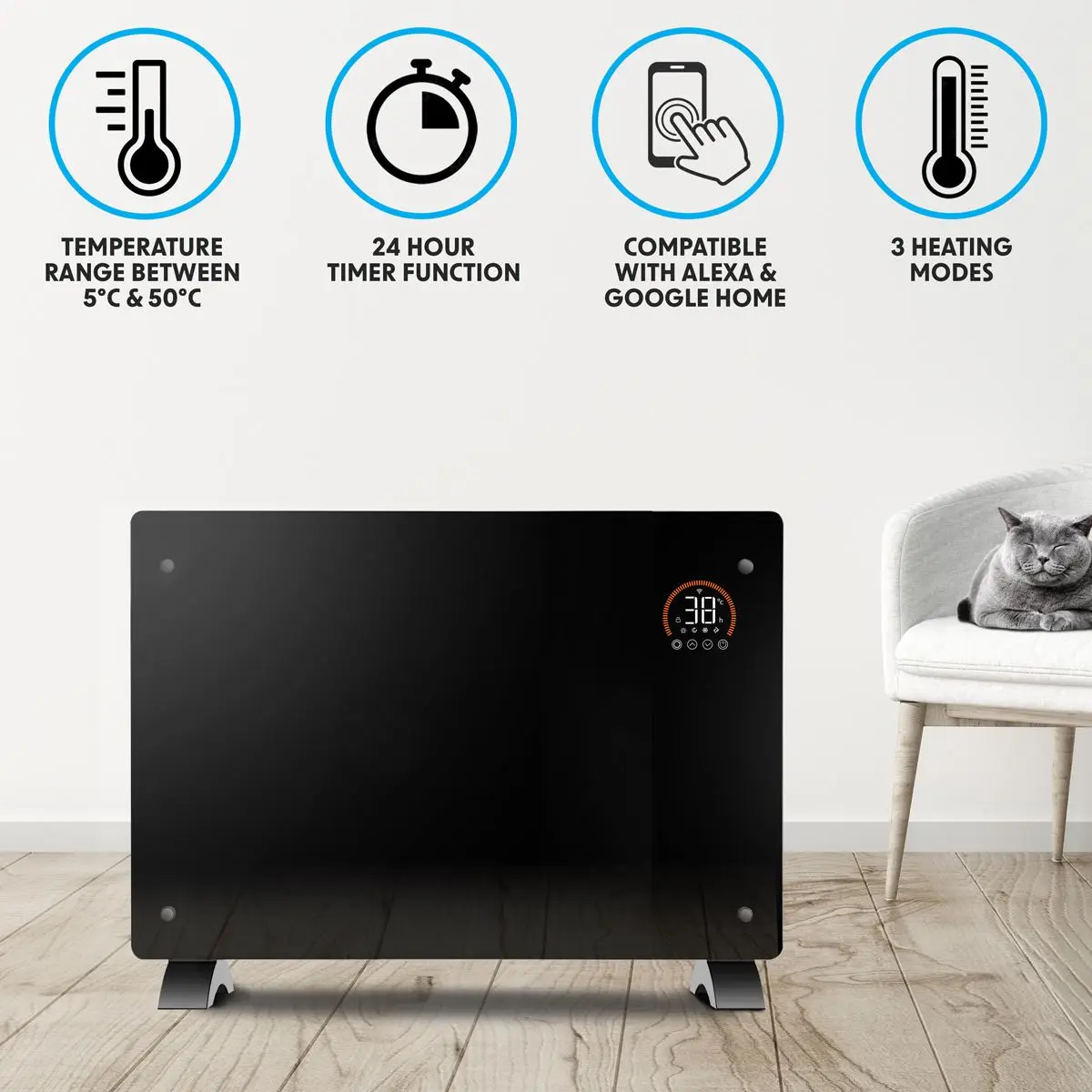 Baridi Electric Glass Panel Heater, 2000W, Thermostat Controlled Radiator with 24Hr 7 Day Timer, Wi-Fi Enabled, Remote Control, Black - Image 5